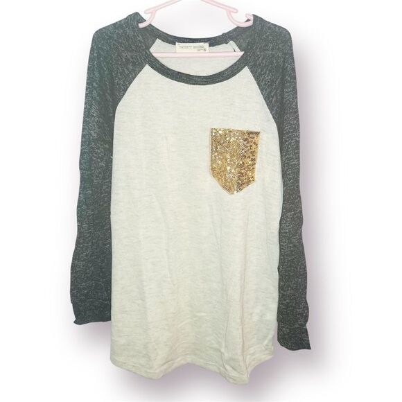 Twenty Second 22nd Long Sleeve Raglan Tee Gold Sequin Pocket Cream 10 / 11 - Picture 1 of 9